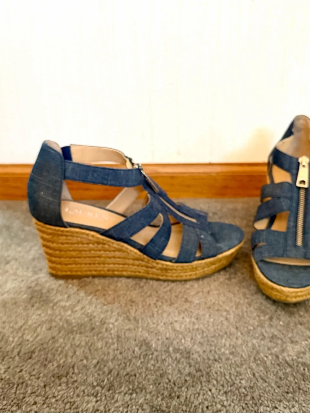 Lauren Ralph Lauren Denim Blue Espadrille Wedge Sandals with Front Zipper